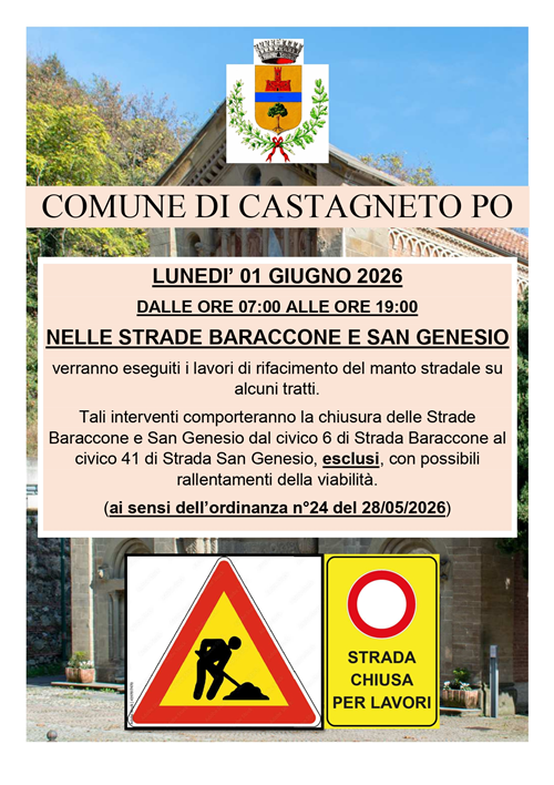 Avviso_Chiusura Strade Baraccone e San Genesio dal civico 6 e di Strada Baraccone al civico 41 di Strada San Genesio
