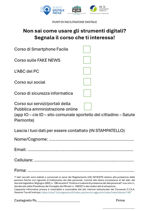 Parte anche nel Comune di Castagneto Po il nuovo Servizio del C.I.S.A. â€“ Consorzio Intercomunale Socio Assistenziale di Gassino Torinese, dedicato al supporto digitale!
