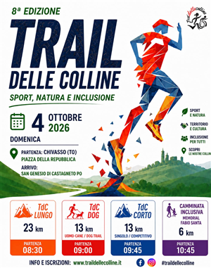 Trail delle Colline 2026 Domenica 4 ottobre  2026  l’ottava edizione dell’evento di trail running vedrà il ritorno del percorso lungo sull’inedita distanza di 23 km: non mancheranno il TdC Corto e il TdC Dog di 13 km e l’eco-camminata di 6 km